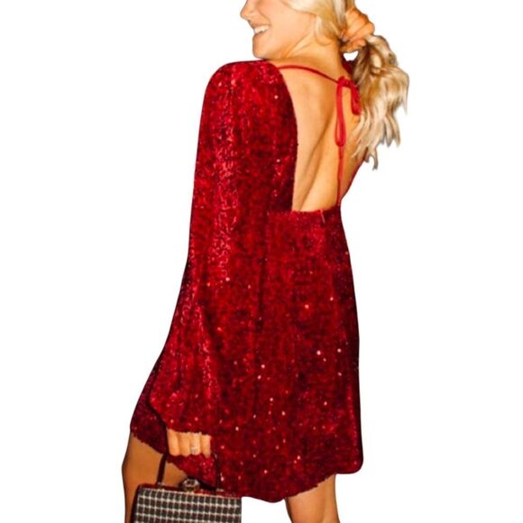 Listicle Bring The Sparkle Burgundy Red Velvet Sequin Long Poet Sleeve Dress M - Picture 9 of 9